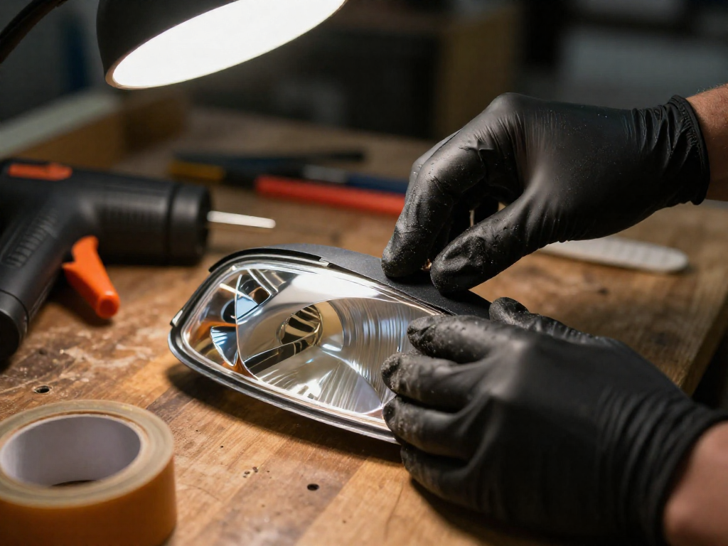 A hand wearing a glove applies black butyl tape into the groove of a car headlight lens on a workbench.