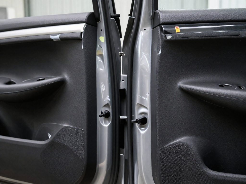 One half shows a car trim piece detached from the door with old adhesive, the other half shows it re-attached cleanly with VHB tape.