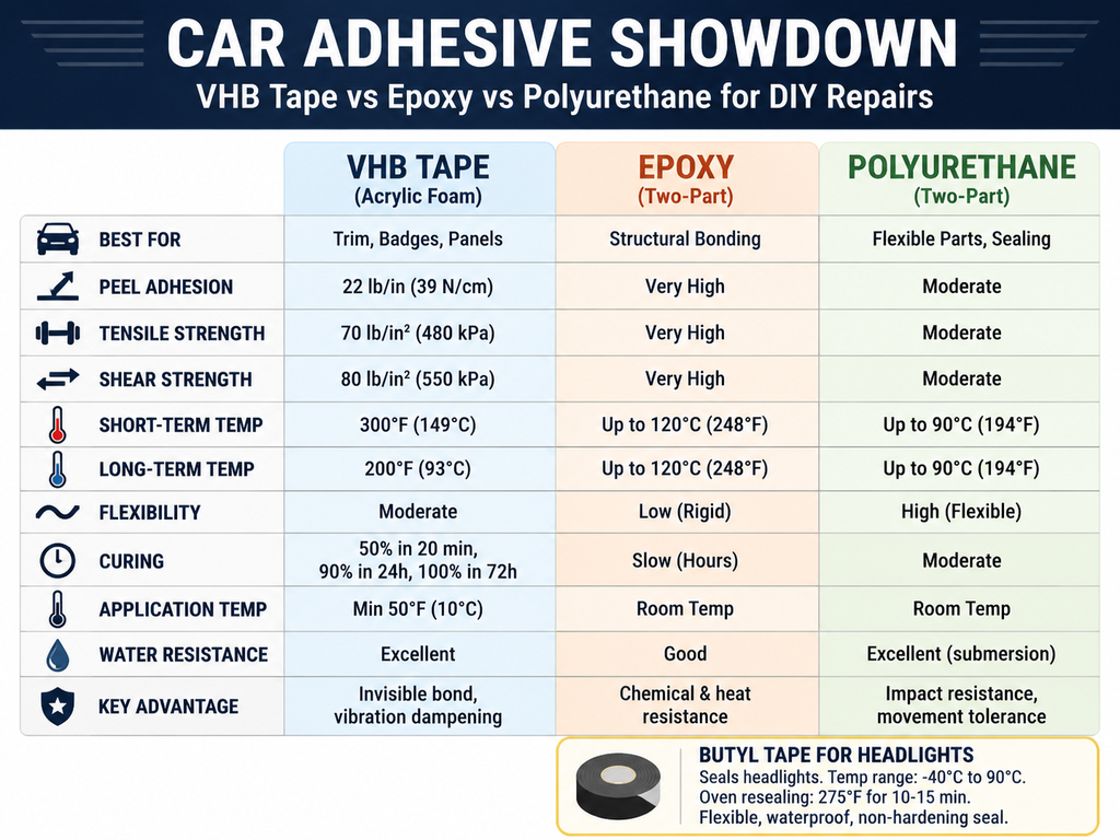 Comparison chart of VHB Tape, Epoxy, and Polyurethane adhesives for DIY car repairs, listing peel adhesion, tensile strength, shear strength, temperature ranges, flexibility, curing time, application temperature, water resistance, and key advantages. Includes a tip box for using butyl tape to reseal headlights at 275°F for 10-15 minutes.