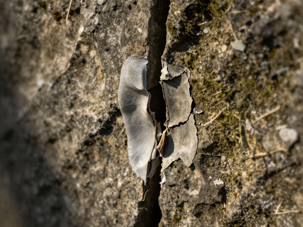 Close-up of a stone crack repaired with two adhesives: the polyurethane repair remains intact while the epoxy repair has cracked again.