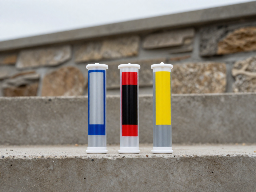 Three construction adhesive tubes displayed on a concrete surface against a masonry wall.