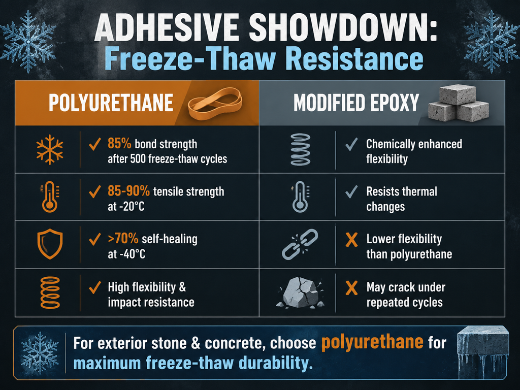 A side-by-side comparison infographic of polyurethane versus modified epoxy adhesives for freeze-thaw resistance on exterior stone and concrete. Shows that polyurethane retains 85% bond strength after 500 cycles, 85-90% tensile strength at -20°C, and over 70% self-healing at -40°C, with high flexibility. Modified epoxy offers enhanced flexibility and thermal resistance but lower overall flexibility and potential cracking under repeated cycles.