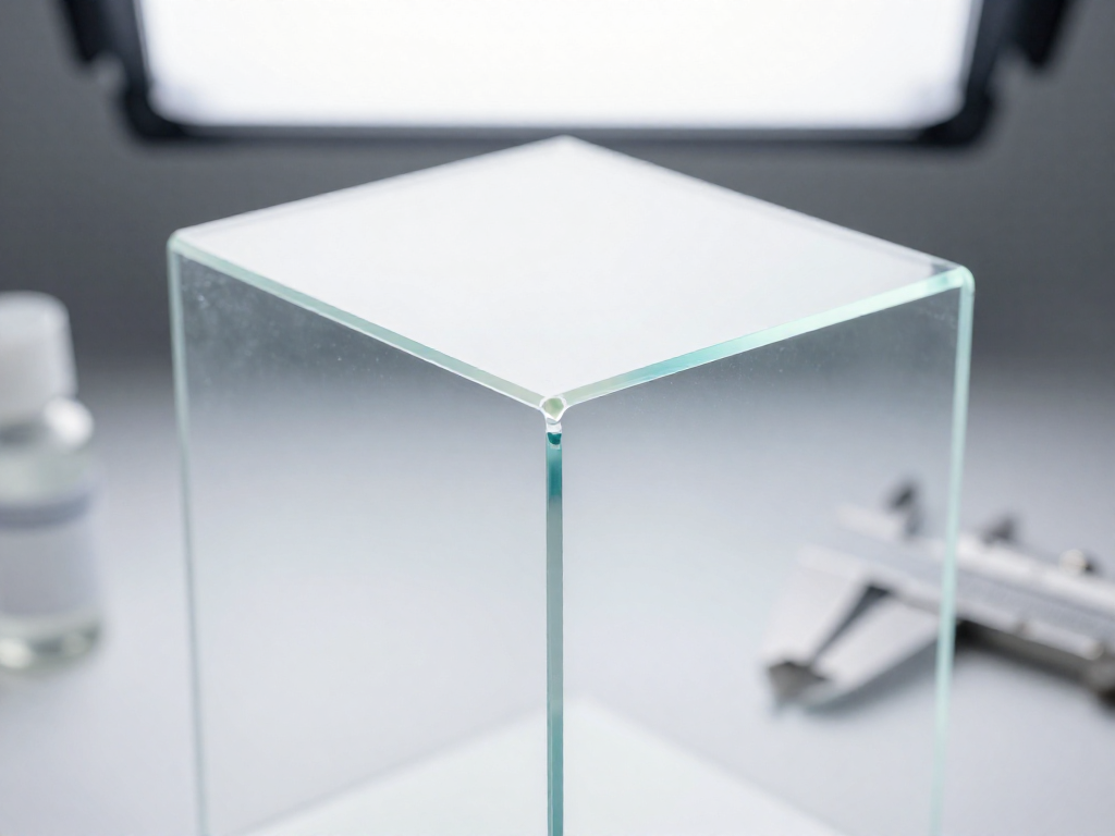 Close-up cross-section of two clear acrylic sheets bonded by solvent welding, showing a seamless joint.