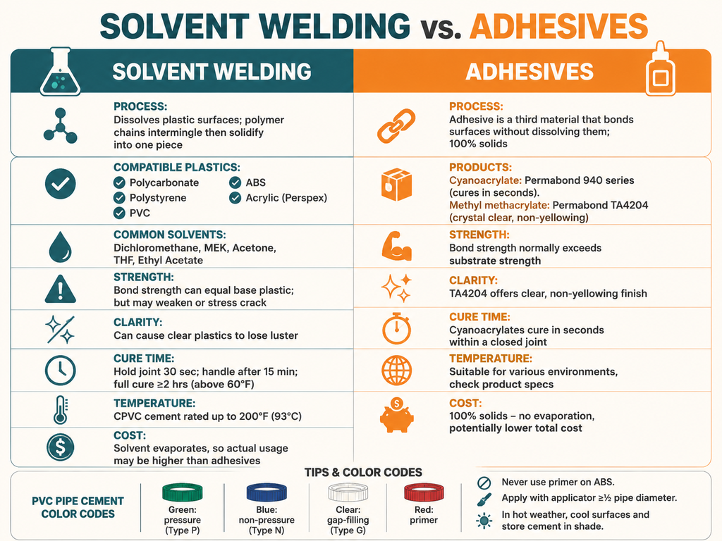 Infographic comparing solvent welding and adhesives for plastic bonding. Solvent welding involves dissolving plastics to fuse them, works on PC, PS, PVC, ABS, acrylic, uses dichloromethane or MEK, can weaken or cloud clear plastics, requires 30-second hold and full cure over 2 hours, CPVC rated to 200°F. Adhesives like Permabond cyanoacrylates cure in seconds, TA4204 MMA provides crystal clear non-yellowing bond stronger than the plastic, no evaporation, 100% solids. Includes PVC pipe cement color codes: green for pressure, blue for non-pressure, clear for gap-filling, red primer. Tips: no primer on ABS, applicator width ≥½ pipe diameter, cool surfaces in hot weather.
