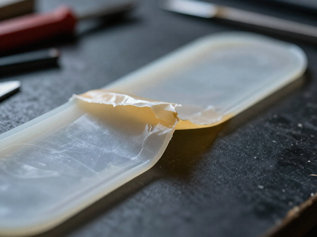 Close-up of a silicone rubber piece with a strip of dried adhesive peeling cleanly off the surface, demonstrating adhesive failure.
