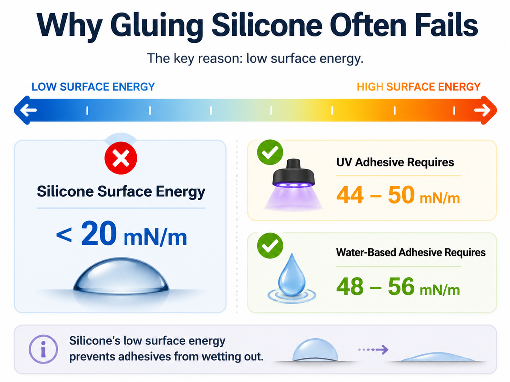 Infographic comparing the surface energy of silicone (less than 20 milliNewtons per meter) to the required surface energy for UV adhesives (44 to 50 mN/m) and water-based adhesives (48 to 56 mN/m). It illustrates the large gap that explains why ordinary glues fail to bond to silicone.