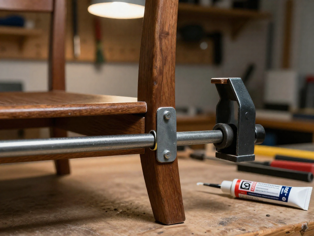 Wooden chair seat clamped to a metal bracket using a bar clamp, with epoxy adhesive visible along the joint.