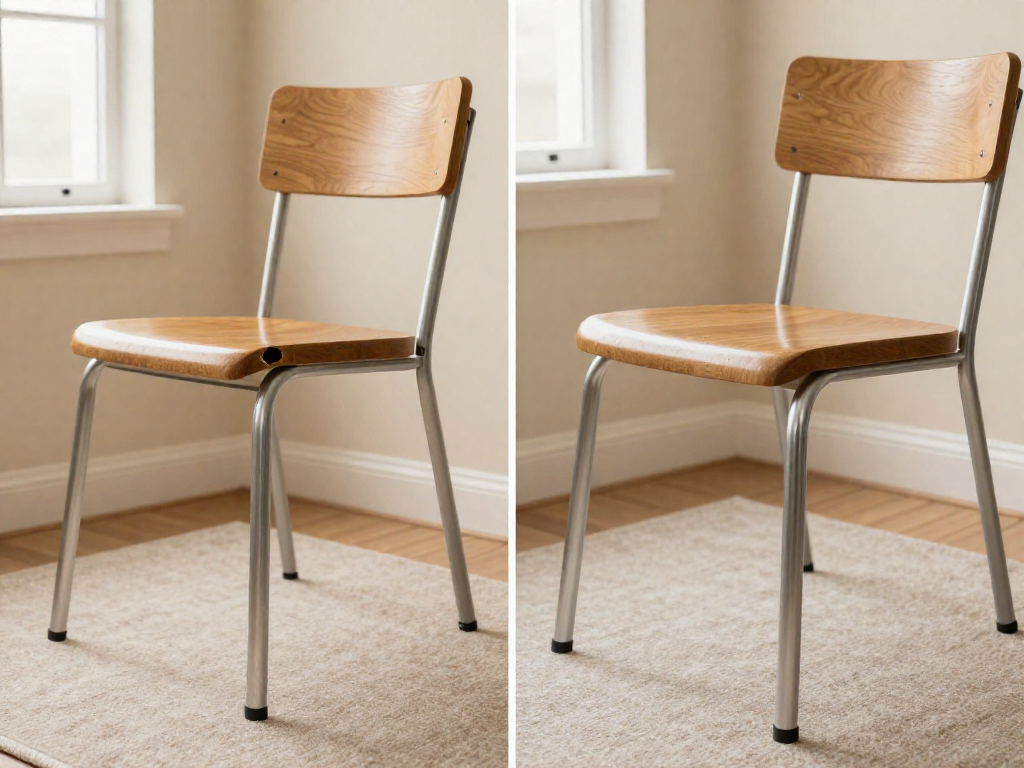 Before-and-after view: left side shows a detached metal chair leg next to a wooden seat; right side shows the repaired chair with the leg firmly attached.