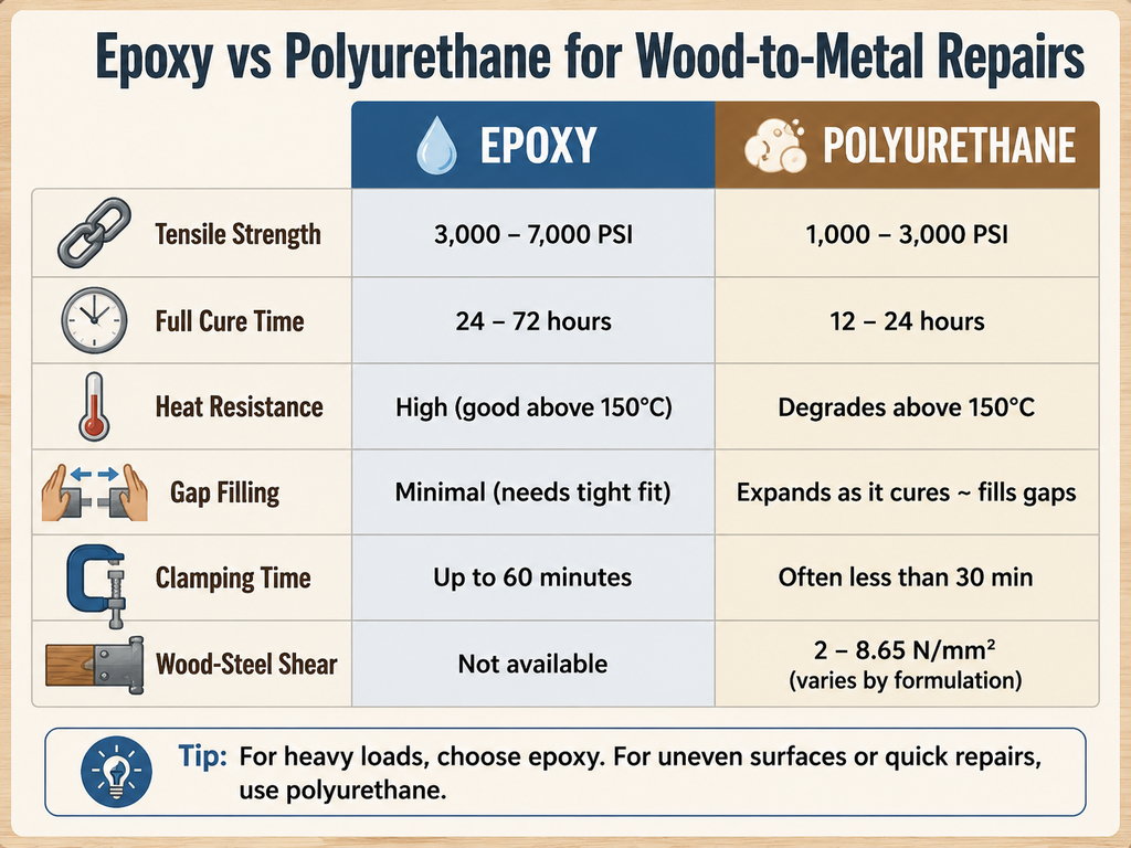 Comparison infographic of epoxy and polyurethane adhesives for gluing wood to metal. Epoxy shows 3,000–7,000 psi tensile strength, 24–72 hour cure, high heat resistance, minimal gap filling, up to 60 minutes clamping. Polyurethane shows 1,000–3,000 psi, 12–24 hour cure, degrades above 150°C, expands to fill gaps, shorter clamping, and shear strength 2–8.65 N/mm². Tip: use epoxy for heavy loads, polyurethane for uneven surfaces.