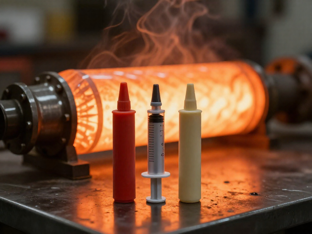 Three different high-temperature adhesive tubes on a metal surface with a glowing hot exhaust component in the background.