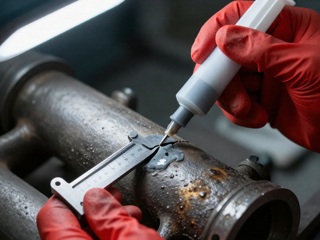 A gloved hand using a syringe to apply ceramic adhesive to a crack on an exhaust manifold, with a feeler gauge showing the gap.