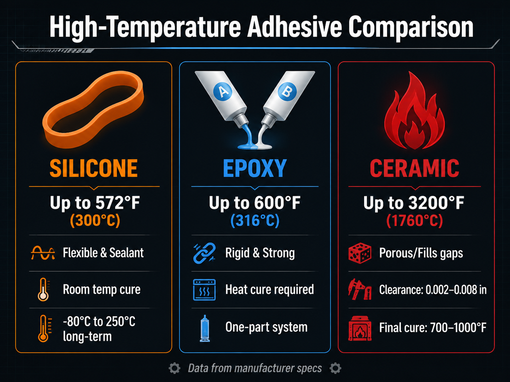 Infographic comparing high-temperature adhesives: silicone up to 572°F (flexible, room-temp cure), epoxy up to 600°F (rigid, heat cure), ceramic up to 3200°F (porous, with 0.002-0.008 in clearance and 700-1000°F final cure).
