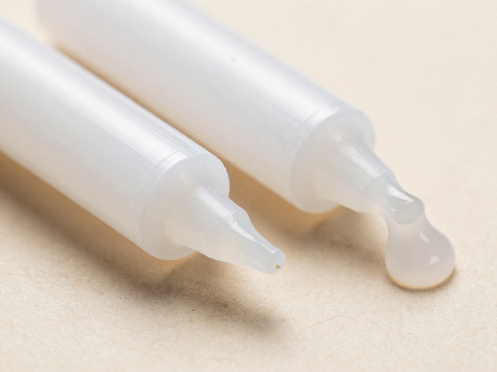 Two glue sticks side by side, one clear and one cloudy, showing different drip viscosities.
