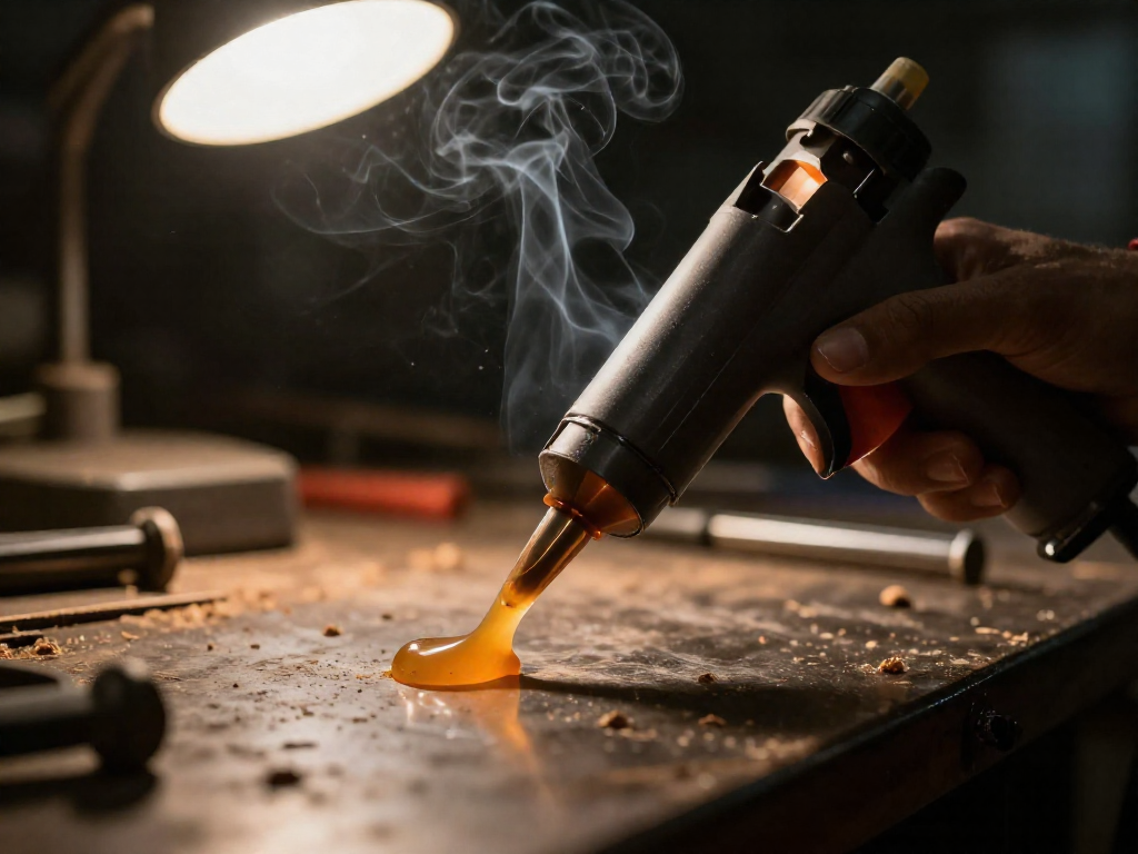 Hot glue gun with melting glue backing up into the tool, accompanied by smoke.