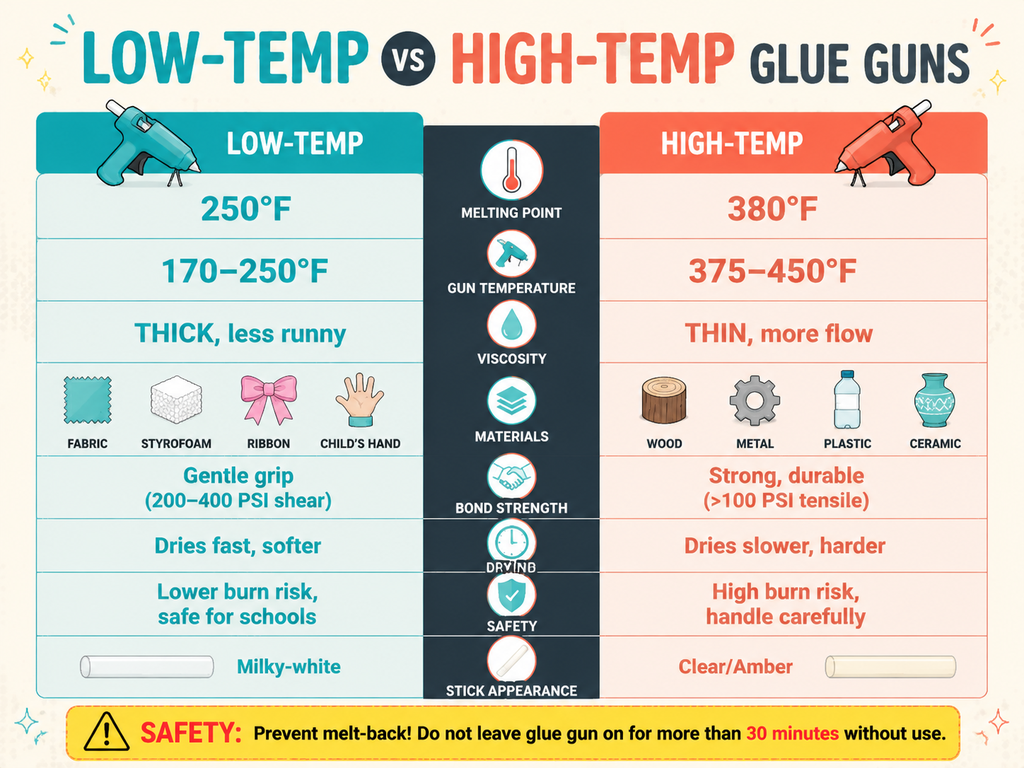 Infographic side-by-side comparison of low-temp and high-temp hot glue guns, covering melting point, gun temperature, viscosity, suitable materials, bond strength, drying time, safety, and stick appearance. Low-temp melts at 250°F, gun runs 170–250°F, thick viscosity, safe for fabric, styrofoam, ribbon, kids crafts, gentle bond. High-temp melts at 380°F, gun runs 375–450°F, thin viscosity, bonds wood, metal, plastic, ceramics, strong durable bond. Includes safety warning about melt-back from leaving gun on over 30 minutes.