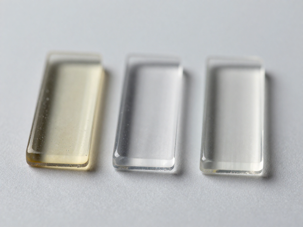 Three clear acrylic pieces bonded to metal with epoxy, MMA, and UV-cure adhesives, showing varying levels of clarity.