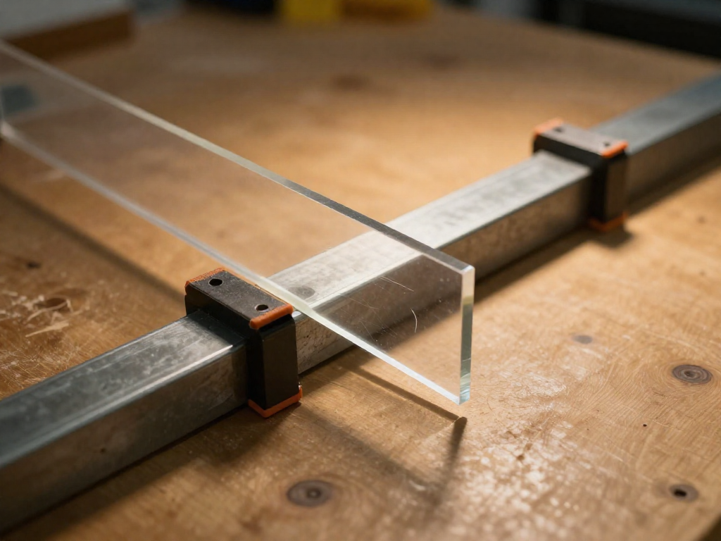 A clear acrylic piece clamped at a right angle to a metal bar using spring clamps on a wooden workbench.