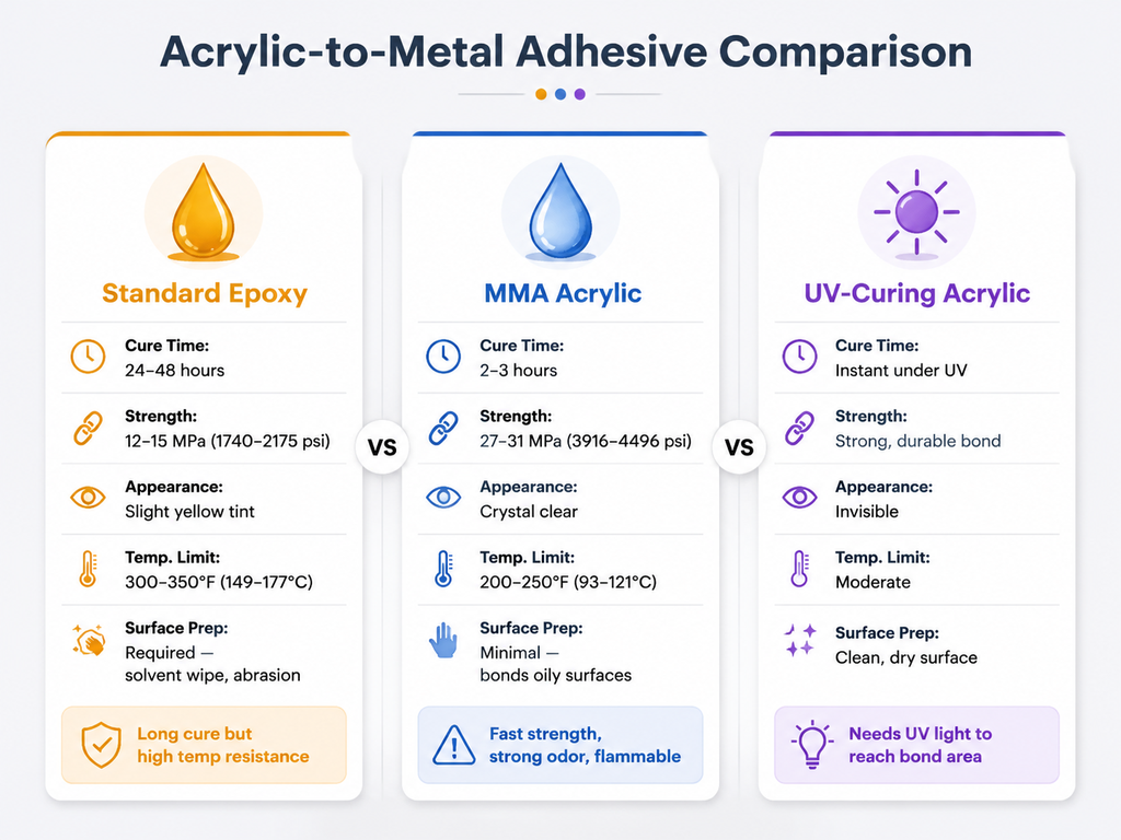 Infographic comparing three adhesives for bonding acrylic to metal: Standard Epoxy (cure 24-48h, strength 12-15 MPa, yellow tint, high temp resistance), MMA Acrylic (cure 2-3h, strength 27-31 MPa, crystal clear, minimal surface prep, strong odor), and UV-Curing Acrylic (instant cure under UV, invisible bond, needs light access).