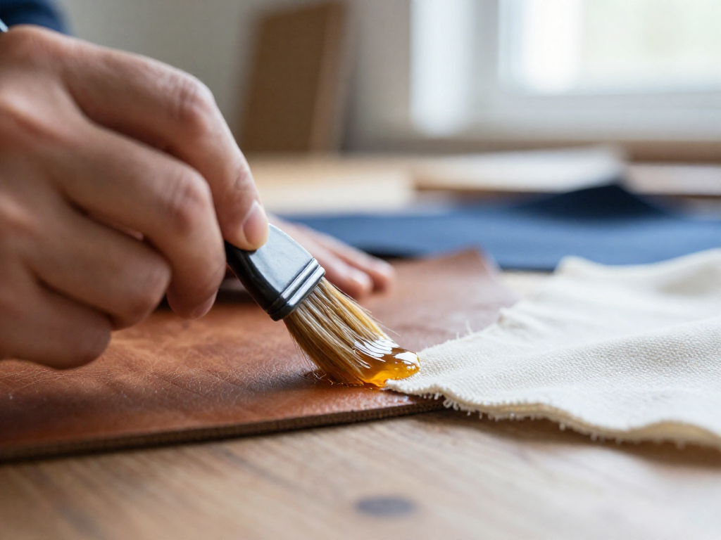 Close-up of hands applying a second coat of adhesive to leather and fabric scraps with a brush.