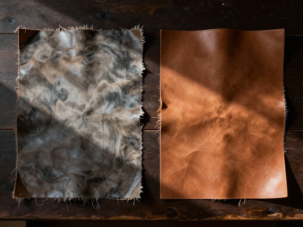 Comparison of two leather pieces bonded with fabric: one with a messy spray adhesive application and the other with a clean, even application.