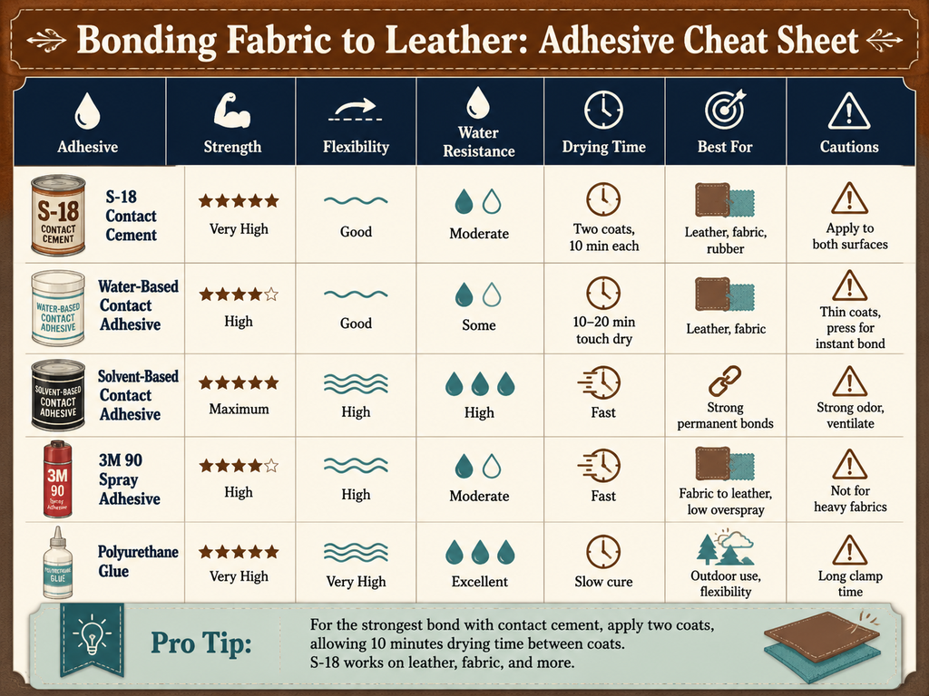 Infographic comparing adhesives for bonding fabric to leather. Chart shows S-18 contact cement, water-based and solvent-based contact adhesives, 3M 90 spray adhesive, and polyurethane glue. Attributes include strength, flexibility, water resistance, drying time, best uses, and cautions. A pro tip highlights the two-coat contact cement technique with 10-minute dry times for maximum bond strength.