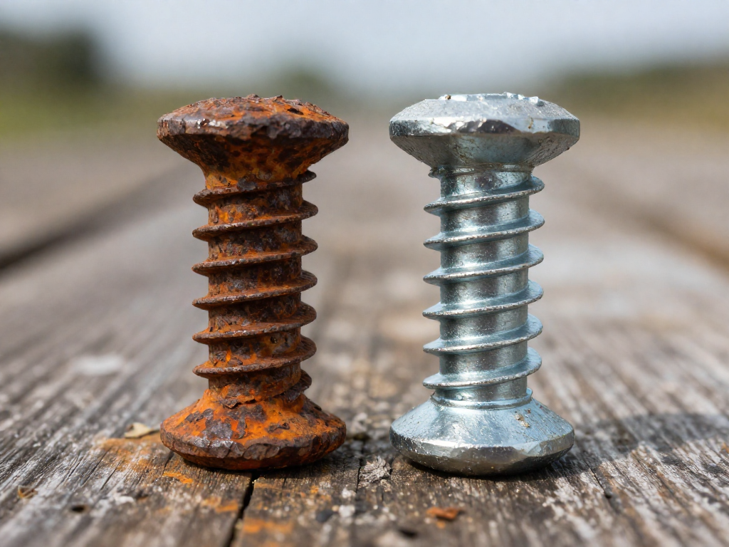 Two screws on weathered wood: one rusty, one galvanized and intact.