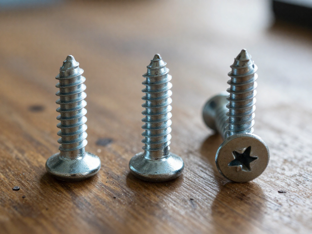Three screws with different finishes aligned on a wooden surface.