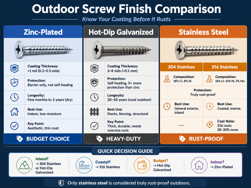 Comparison infographic for outdoor screw finishes. Zinc-plated: coating <1 mil, lasts months to 2 years, best indoors. Hot-dip galvanized: coating 2–8 mils, self-healing, lasts 20–50 years, best for structural outdoor projects. Stainless steel: rust-proof; 304 (18% Cr, 8% Ni) for general exterior, 316 (16% Cr, 10% Ni, 2% Mo) for coastal/marine, cost 20–30% more. Quick decision guide recommends 304 or galvanized inland, 316 coastal, galvanized for budget, zinc-plated indoors.
