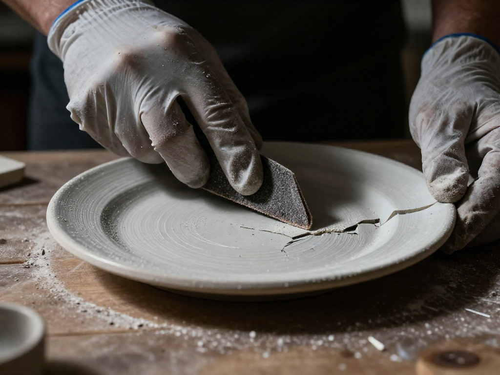 Hands sanding a glazed ceramic piece with sandpaper on a workbench, dust visible.