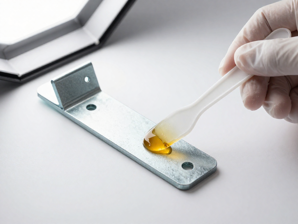 Gloved hand applying clear epoxy to a cleaned metal bracket with a spatula.