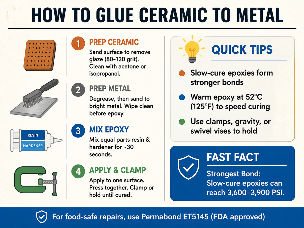 Infographic summarizing the steps to glue ceramic to metal. Left side: four numbered steps with icons—Prep Ceramic (sand and clean), Prep Metal (degrease and sand), Mix Epoxy (equal parts, mix 30 seconds), Apply & Clamp (hold until cured). Right side: quick tips including slow‑cure epoxy strength, warming to 52°C to speed curing, and clamping methods. A fast fact badge notes epoxy strengths of 3600–3900 PSI. Footer mentions food‑safe Permabond ET5145.