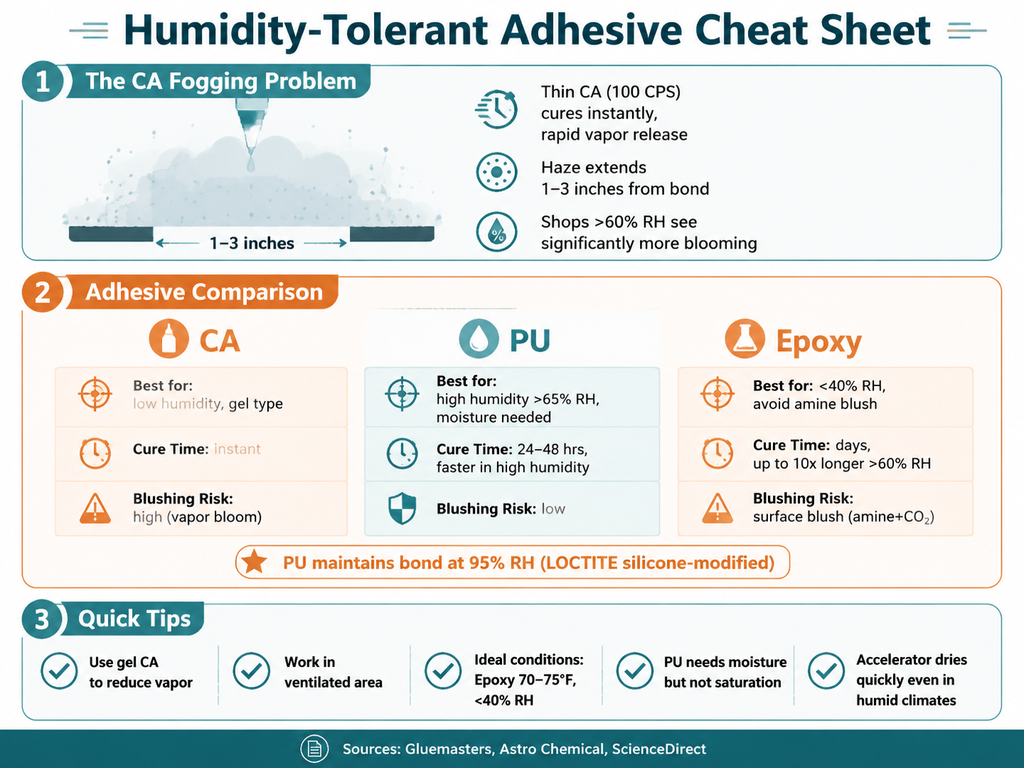 Infographic cheat sheet summarizing key facts about humidity-tolerant adhesives: CA fogging problem with thin CA and high humidity, comparison of CA, polyurethane, and epoxy adhesives under humidity with cure times and blushing risks, and quick tips for bonding in moist climates.