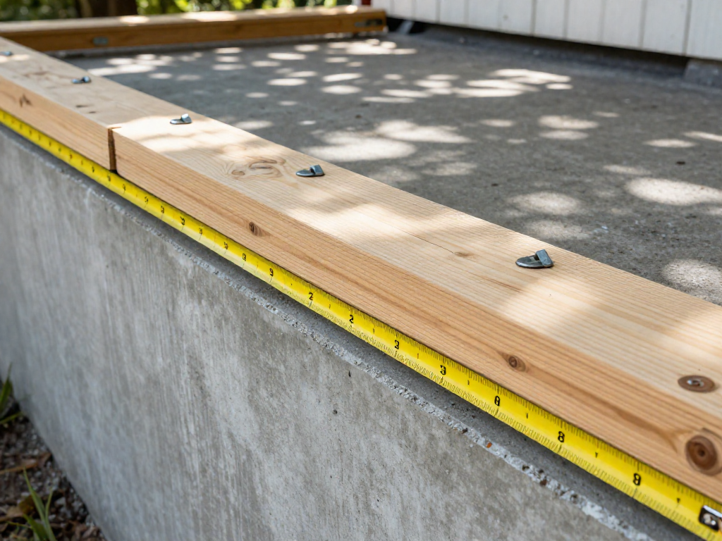 A deck ledger board anchored to a concrete wall with evenly spaced wedge anchors, with a tape measure showing proper edge and spacing distances.