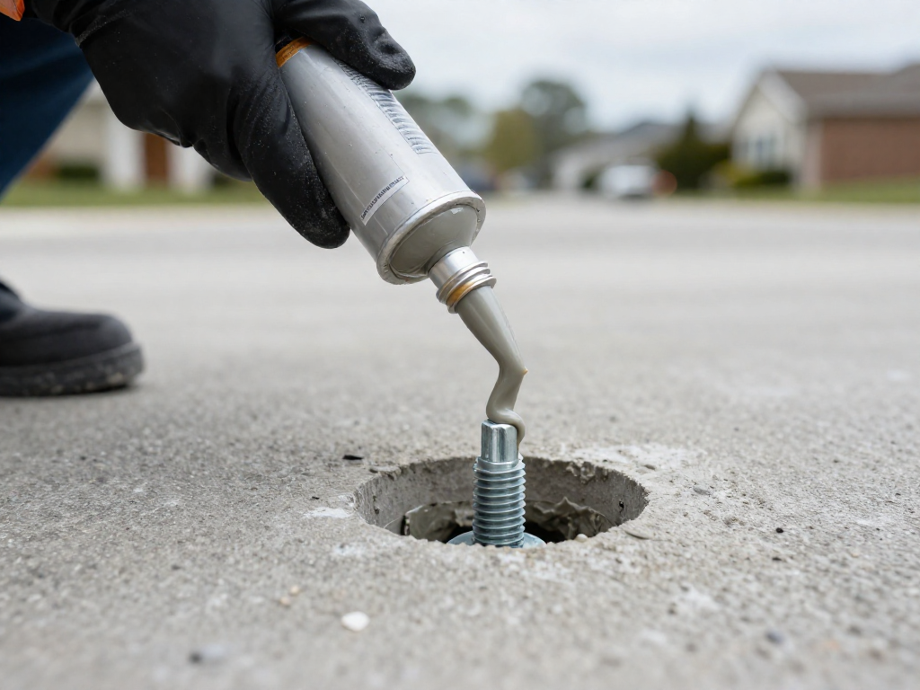 Gloved hands using a caulk gun to inject epoxy adhesive into a concrete hole where a metal post base is already placed.