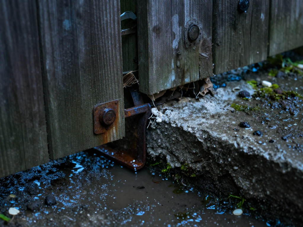 A close-up of a rotted wooden post base separated from its concrete footing, showing rust, water damage, and algae after prolonged moisture exposure.