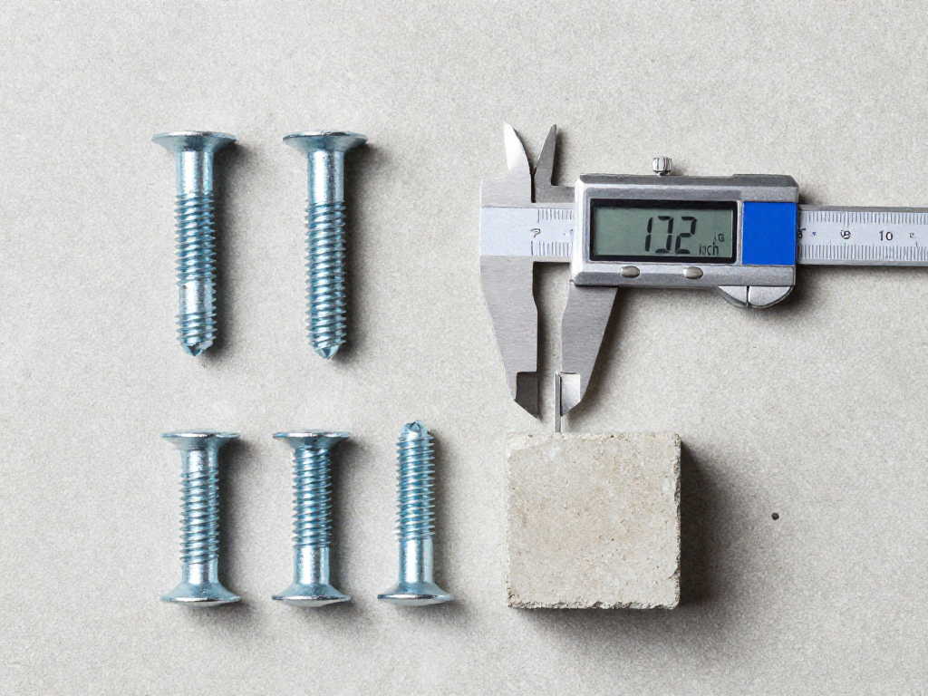 Various concrete anchor fasteners arranged with a caliper showing a 1/2 inch measurement and a depth gauge demonstrating proper embedment.