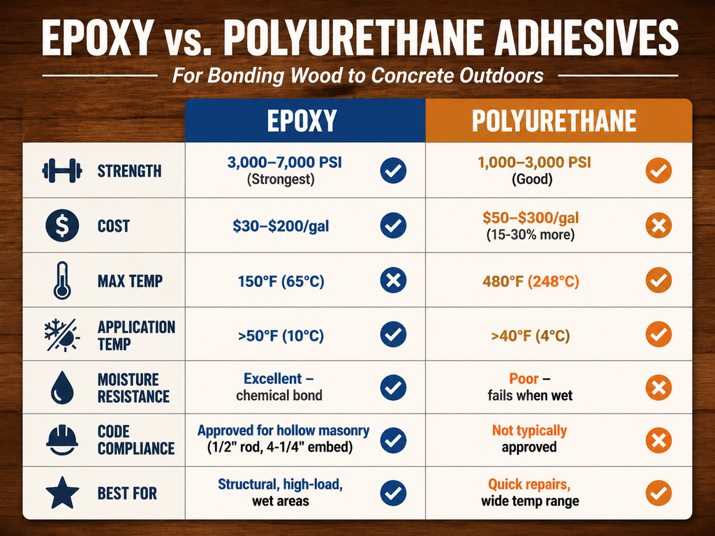 Infographic comparing epoxy and polyurethane adhesives for wood-to-concrete outdoor bonds. Shows epoxy has higher strength (3,000-7,000 PSI) and better moisture resistance, while polyurethane handles higher temperatures (480°F) and lower application temps (40°F) but costs 15-30% more and poor wet performance. Includes code compliance insights for anchoring.
