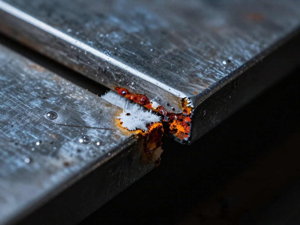 Close-up of corroding steel and aluminum plates joined with a wet spacer, showing white and orange rust.