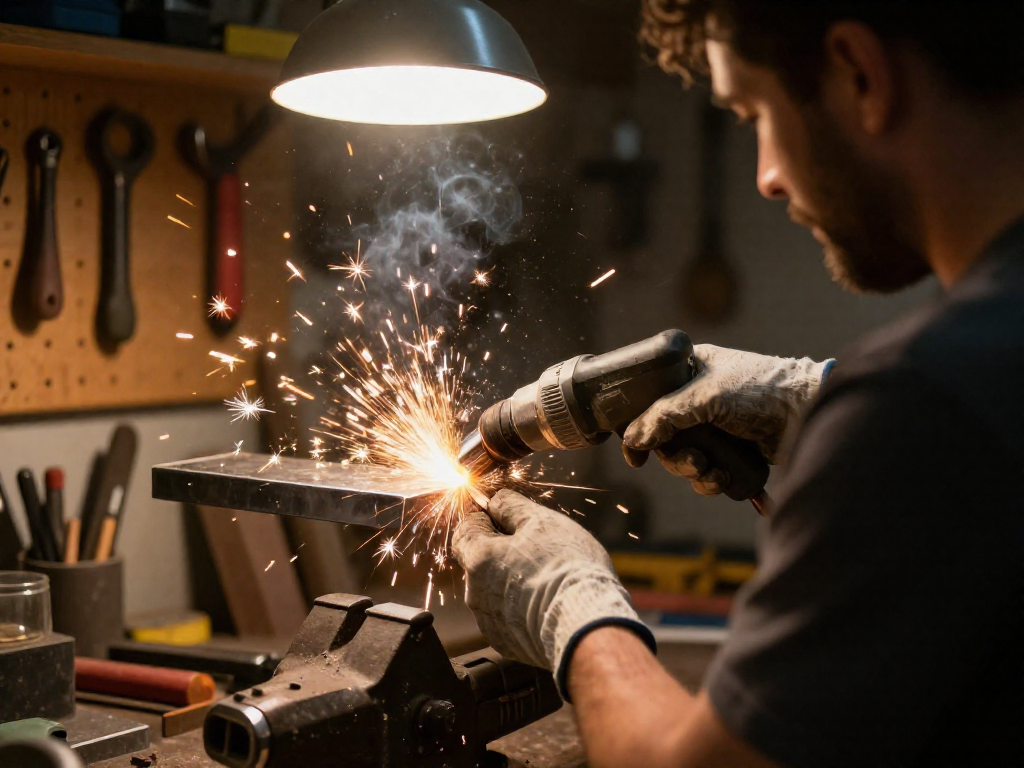 Gloved hands using a wire brush drill attachment to abrade a metal bracket, sparks and dust flying.