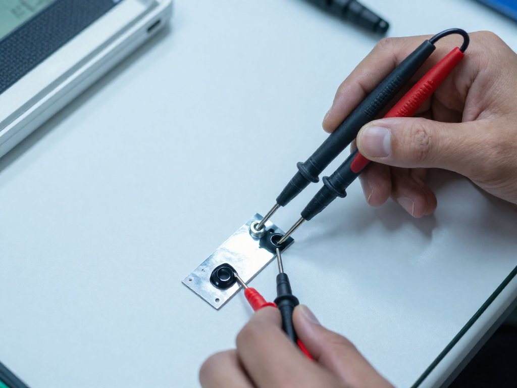 Multimeter probes testing electrical resistance on two different epoxy bonds, one shiny silver and one matte black.