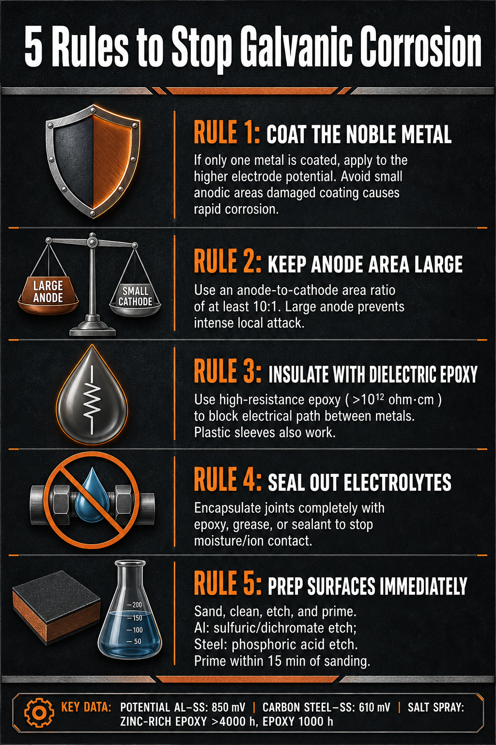 Infographic titled '5 Rules to Stop Galvanic Corrosion' summarizing key prevention methods: 1) coat the noble metal, 2) maintain a large anode-to-cathode area ratio (at least 10:1), 3) use dielectric epoxy or plastic sleeves for insulation, 4) seal out electrolytes with encapsulants, 5) properly prepare surfaces with etching and immediate priming. Includes data on galvanic potential differences (Al–SS 850 mV) and salt spray resistance (zinc-rich epoxy >4000 h). Designed as a quick-reference cheat sheet for dissimilar metal joining.