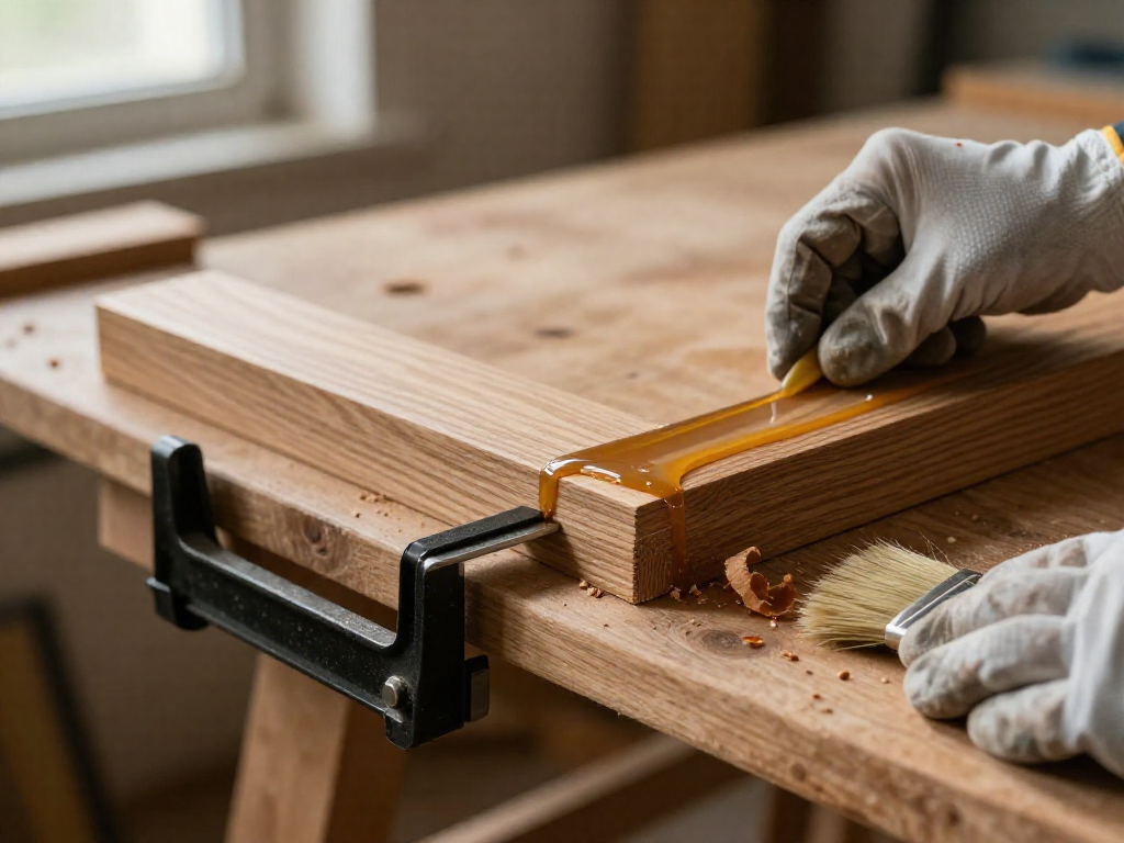 Close-up of a beveled lap joint being glued on a workbench, with a clamp holding the pieces together and tools nearby.