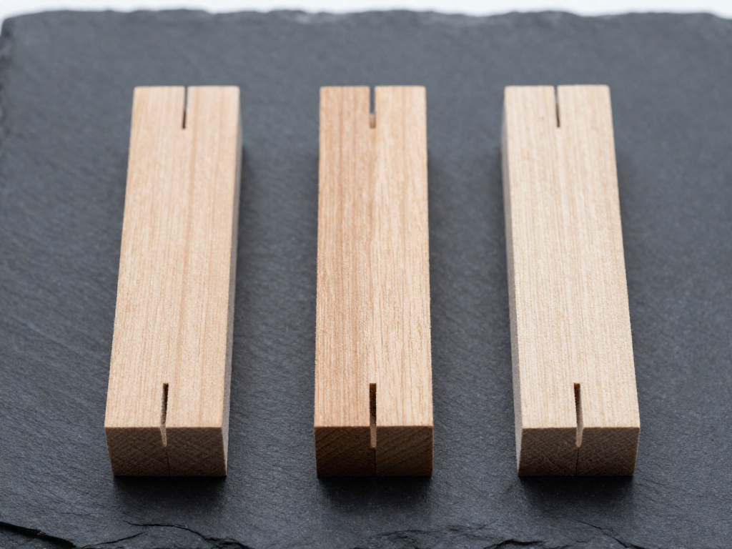 Three wooden blocks showing different joint types: bevel, joggle, and double lap, on a dark surface.
