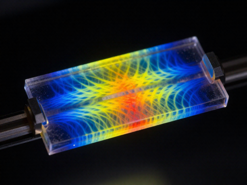 Photoelastic image of a single lap joint under tension, showing colorful stress bands concentrated at the edges of the overlap.