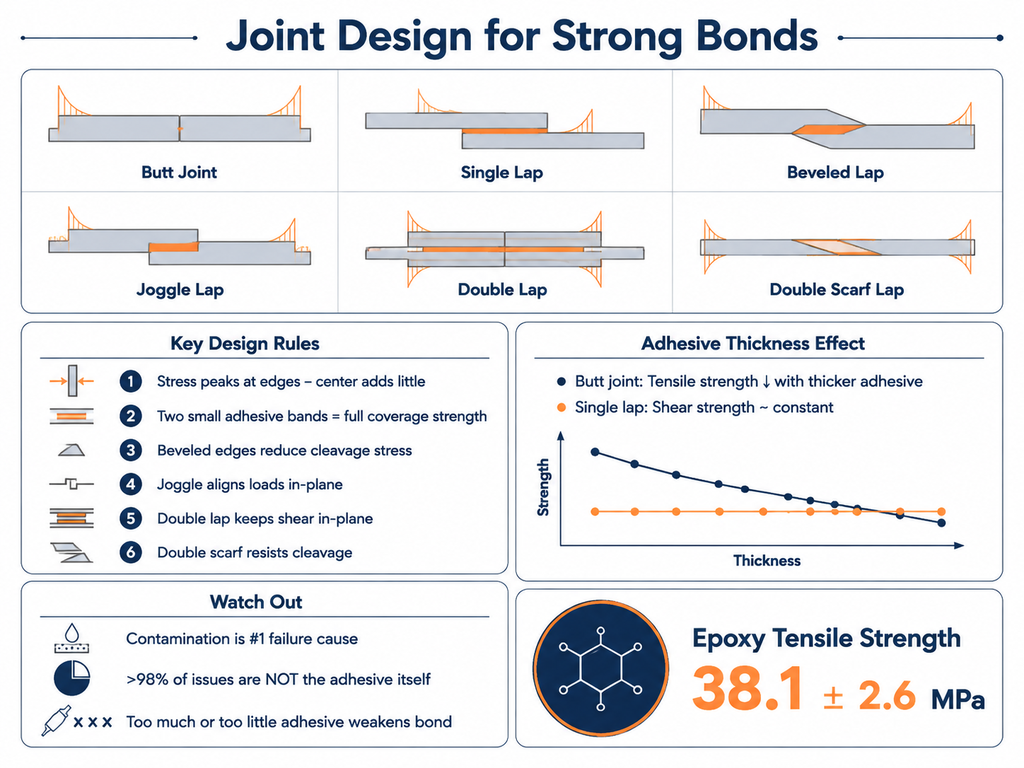Infographic comparing six adhesive joint types (butt, single lap, beveled lap, joggle lap, double lap, double scarf lap) with stress distribution diagrams. Key design rules listed: stress concentrates at edges, two small adhesive bands equal full coverage, bevels reduce cleavage, joggles align loads, double laps maintain shear, scarves resist cleavage. Notes that adhesive thickness effects: butt joint tensile strength decreases with thicker adhesive, single lap shear strength is constant. Warns contamination causes >98% of bond failures, and incorrect adhesive amount weakens bonds. Highlights epoxy tensile strength of 38.1 ± 2.6 MPa.