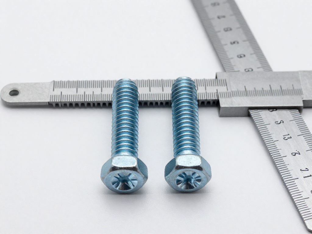 Two threaded bolts, one metric and one imperial, on a thread gauge with a ruler.