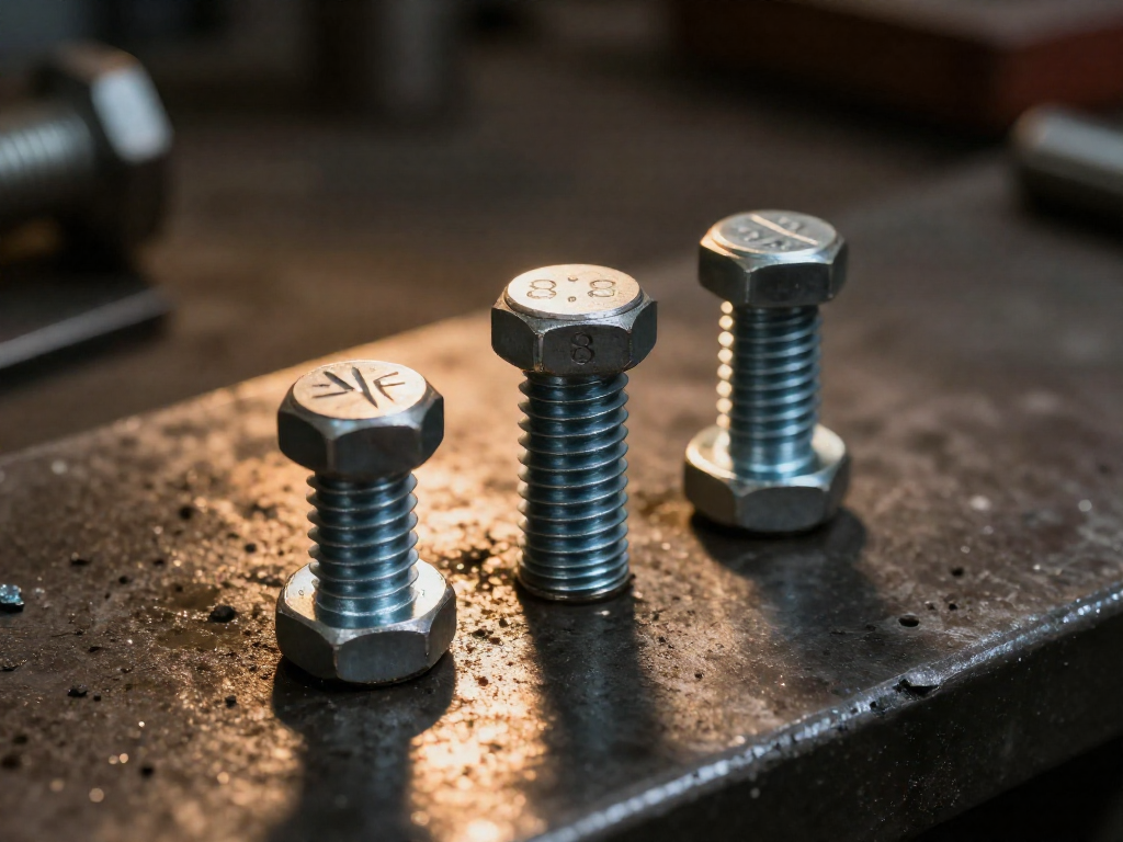 Three bolt heads with SAE grade marks of three and six lines and metric grade mark 8.8.
