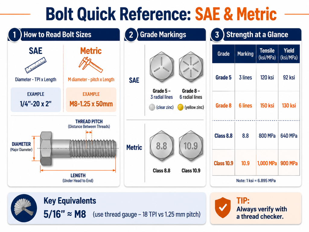 Infographic showing bolt size formats for SAE (e.g., 1/4"-20 x 2") and metric (e.g., M8-1.25 x 50mm), grade markings (SAE Grade 5: 3 lines, Grade 8: 6 lines; Metric Class 8.8 and 10.9), strength specs (tensile and yield strengths for each grade), and key equivalents like 5/16" ≈ M8. Uses a thread gauge icon to highlight M8 vs 5/16" identification.