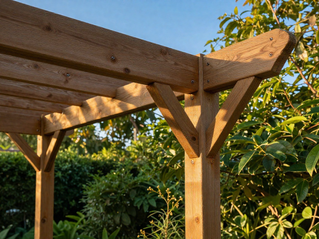 Outdoor pergola with one side showing visible screw heads and the other side using hidden adhesive bonds for a cleaner look.