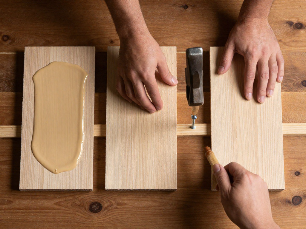Step-by-step process of assembling a wood joint with glue and nails on a workbench.